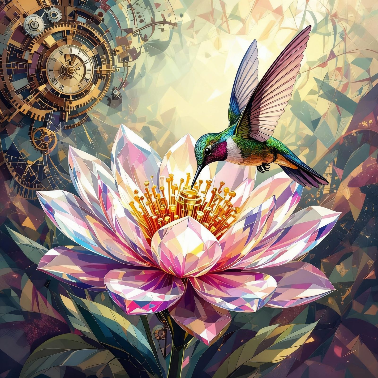 Clockwork Hummingbird Over Crystalline Flower