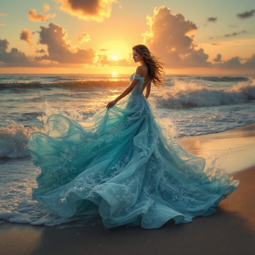 Hyper-Realistic Beach Goddess at Sunset in Vibrant Hues