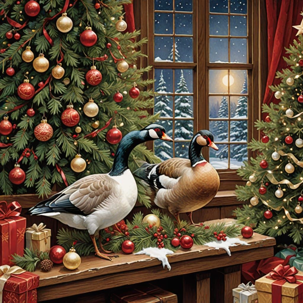 Six Geese A-Laying in Festive Christmas Scene