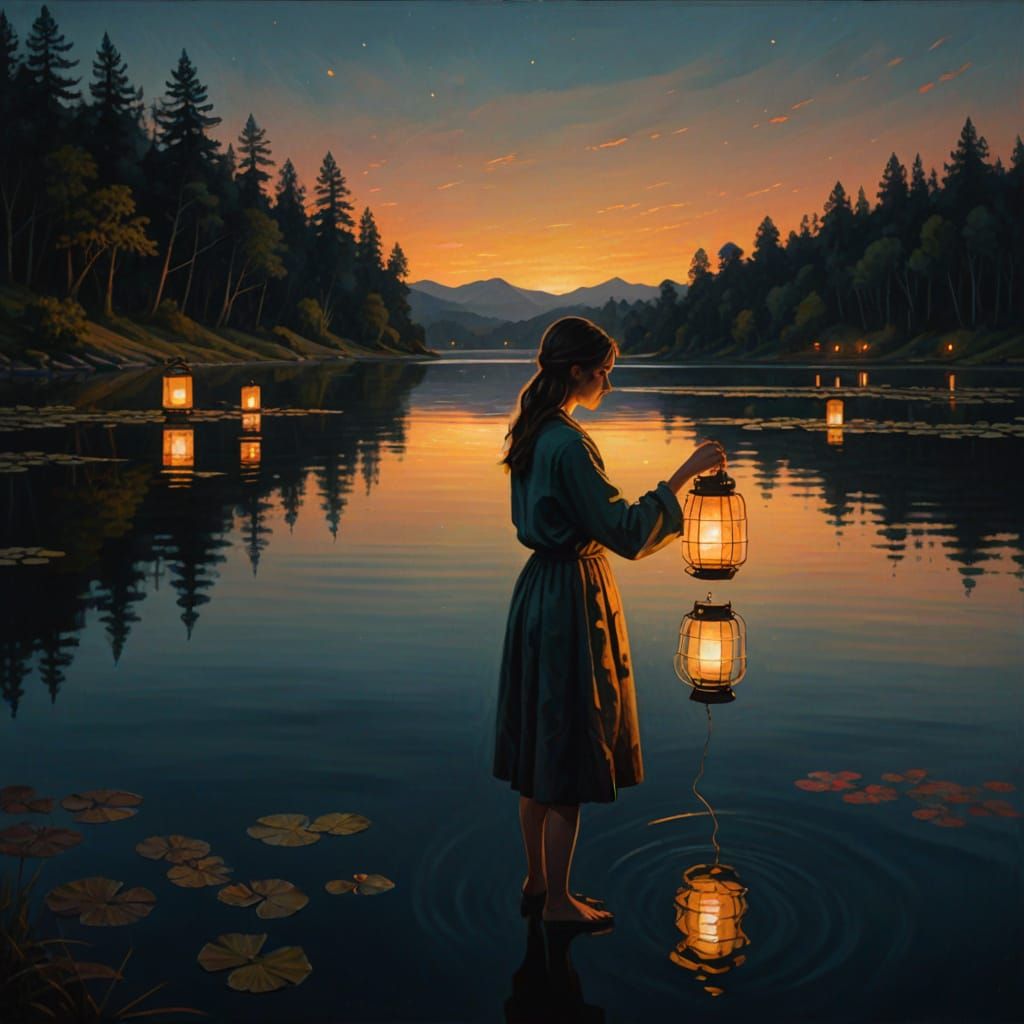 Girl Releases Lantern on Dark Lake: Oil Painting