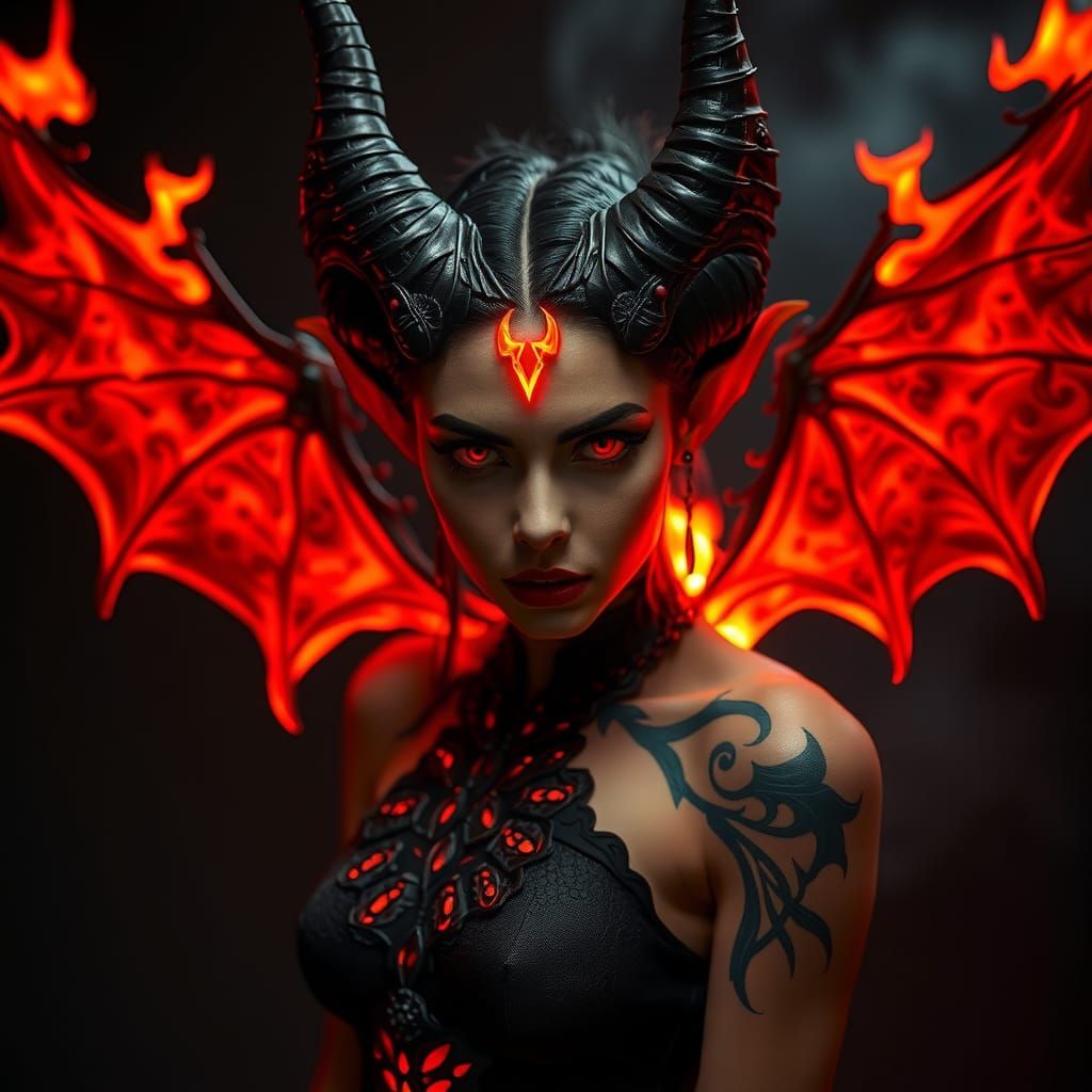 Encaustic Female Devil Model with Glowing Spine