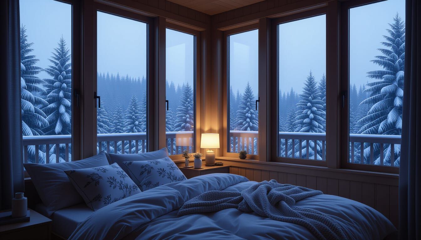 Cozy Bedroom Overlooking Snowy Pine Forest