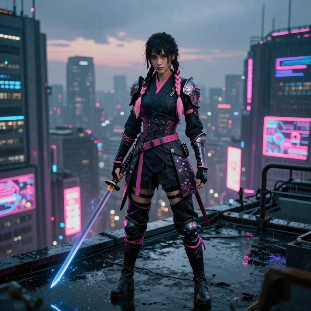 Cyberpunk Ninja on Neon Rooftop at Dusk