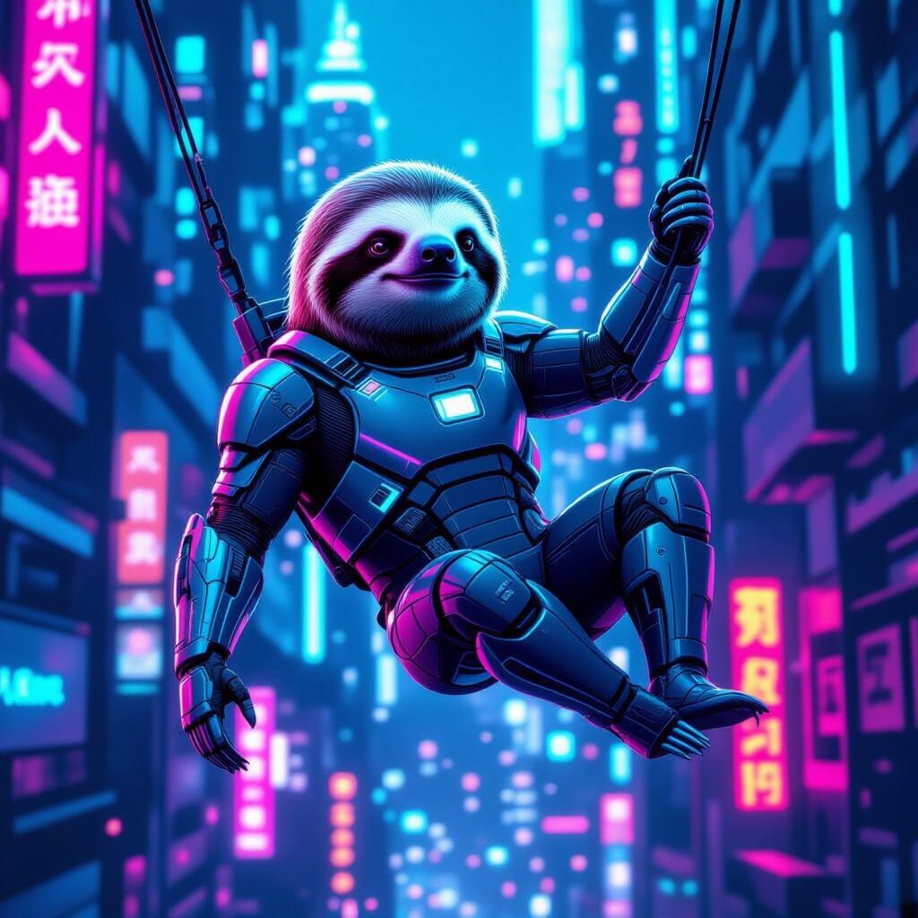 Cyberpunk Sloth in Futuristic Cityscape