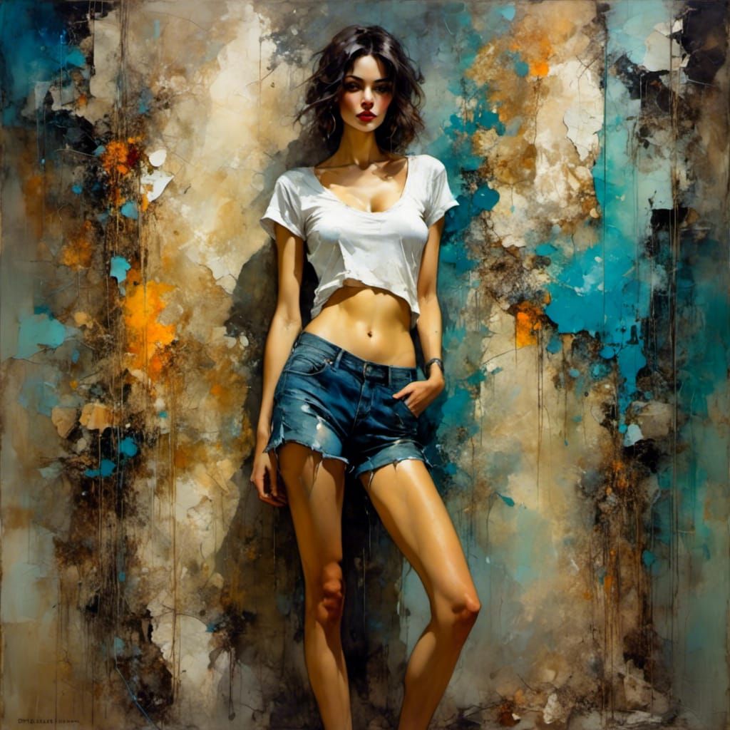 Art Nouveau Woman in Torn Jeans