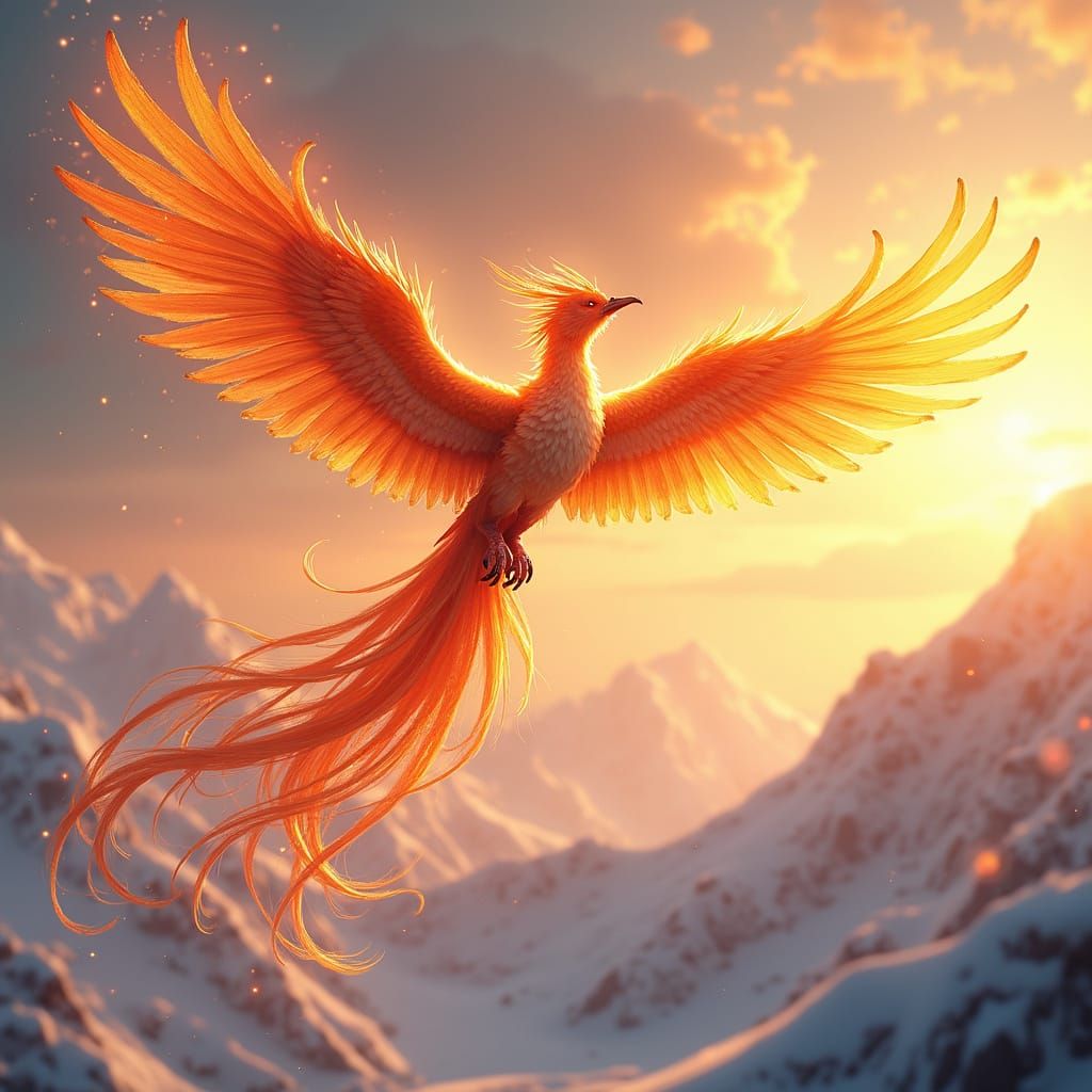 Golden Phoenix Soaring Above Ice Mountains in 3D Anime Style