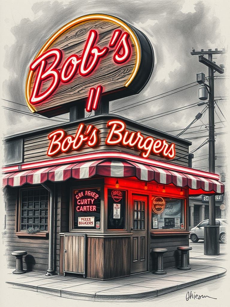 Neon Burger Diner in Charcoal Drawing Style