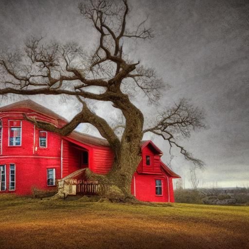 Hyperrealistic Red House on Oak Tree