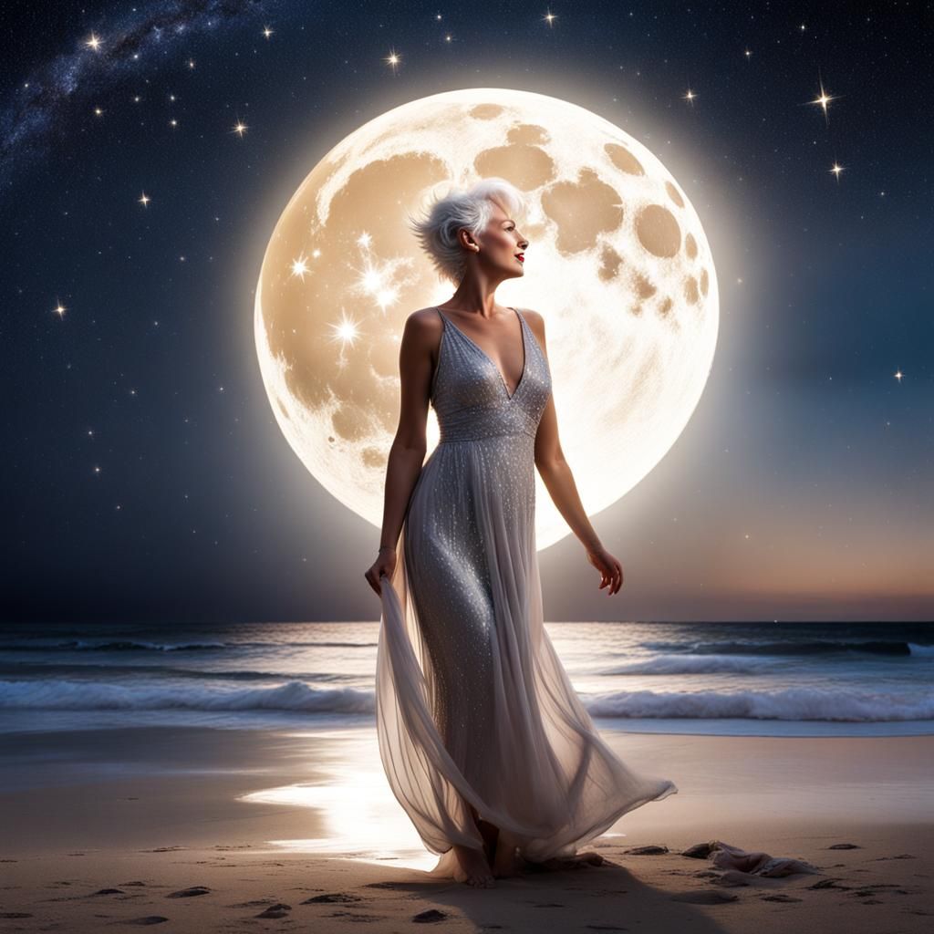 Moonlit Woman on Beach, Digital Art