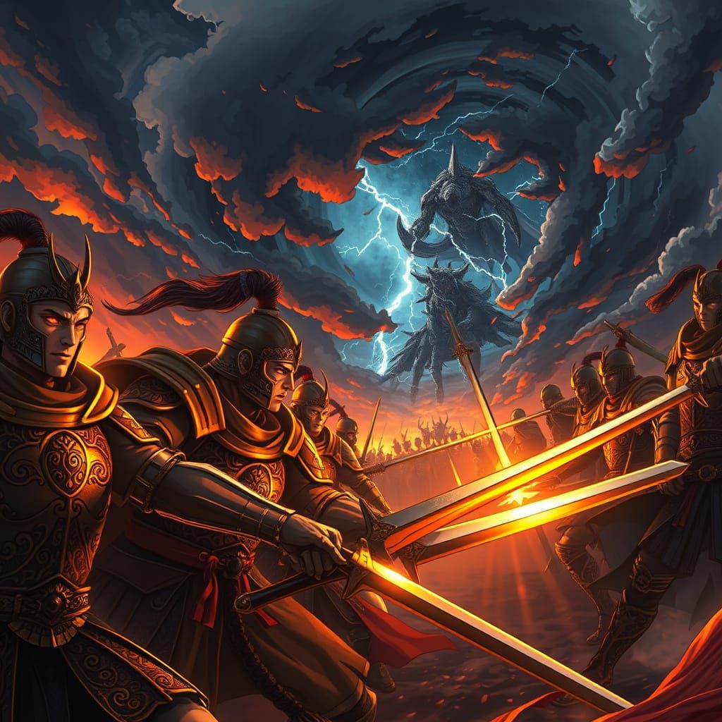 Anime Warriors' Last Stand in Neo-Impressionist Style