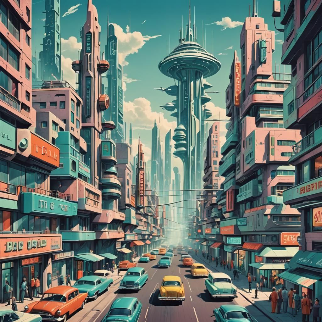 Retrofuturistic City Street Scene