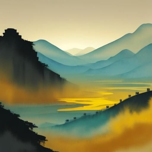 Zen Chinese Landscape in Watercolor Style