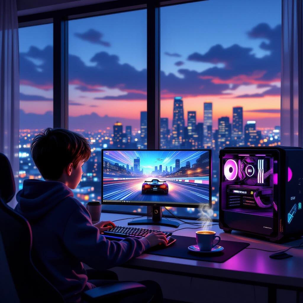 Boy Plays Racing Game in Tech Room with City View