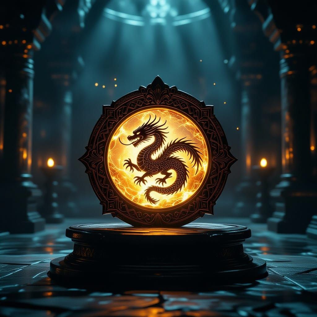 Ancient Dragon Seal Glowing in Dim Treasure Chamber