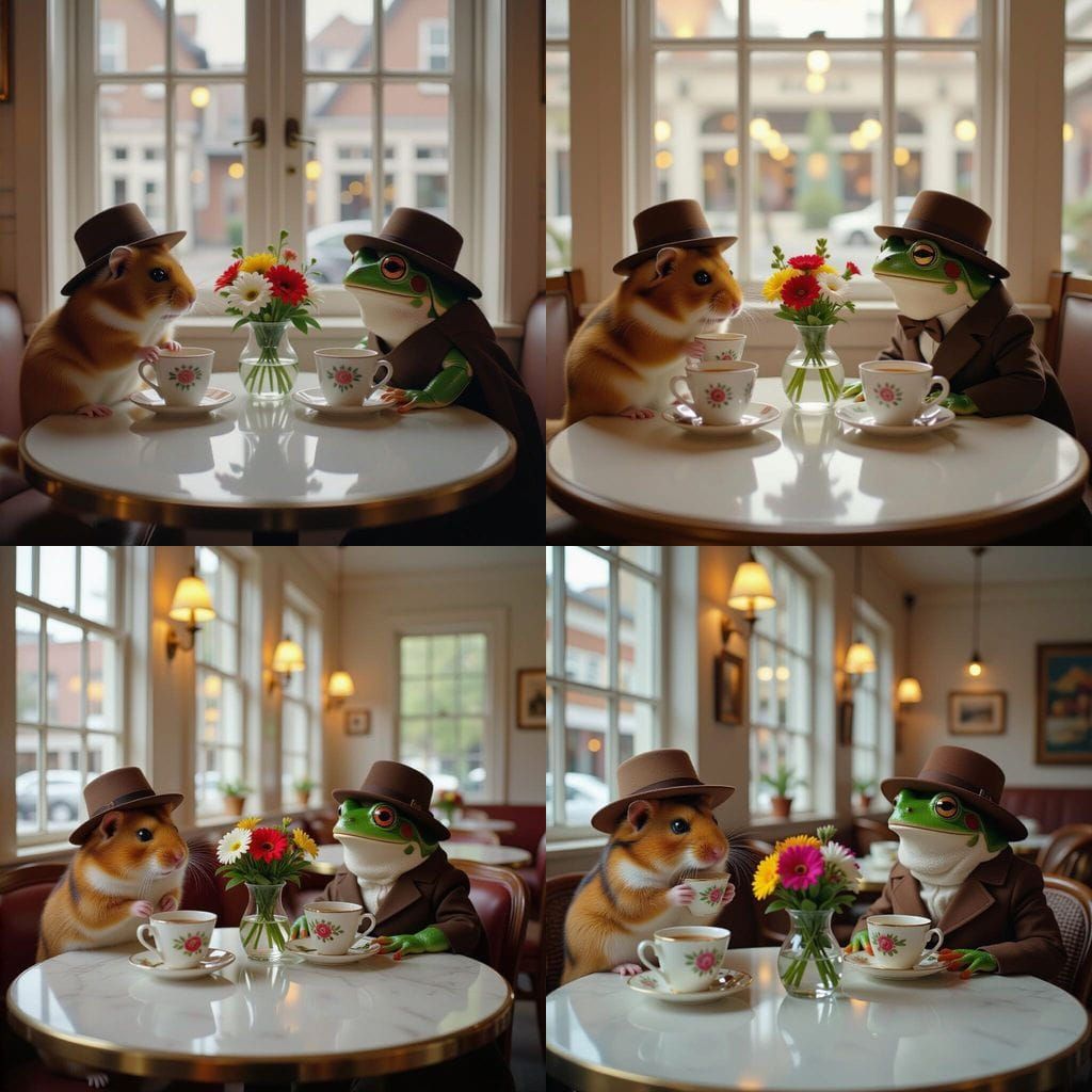 Hamster and Frog Enjoy Tea in a Sunlit Cafe