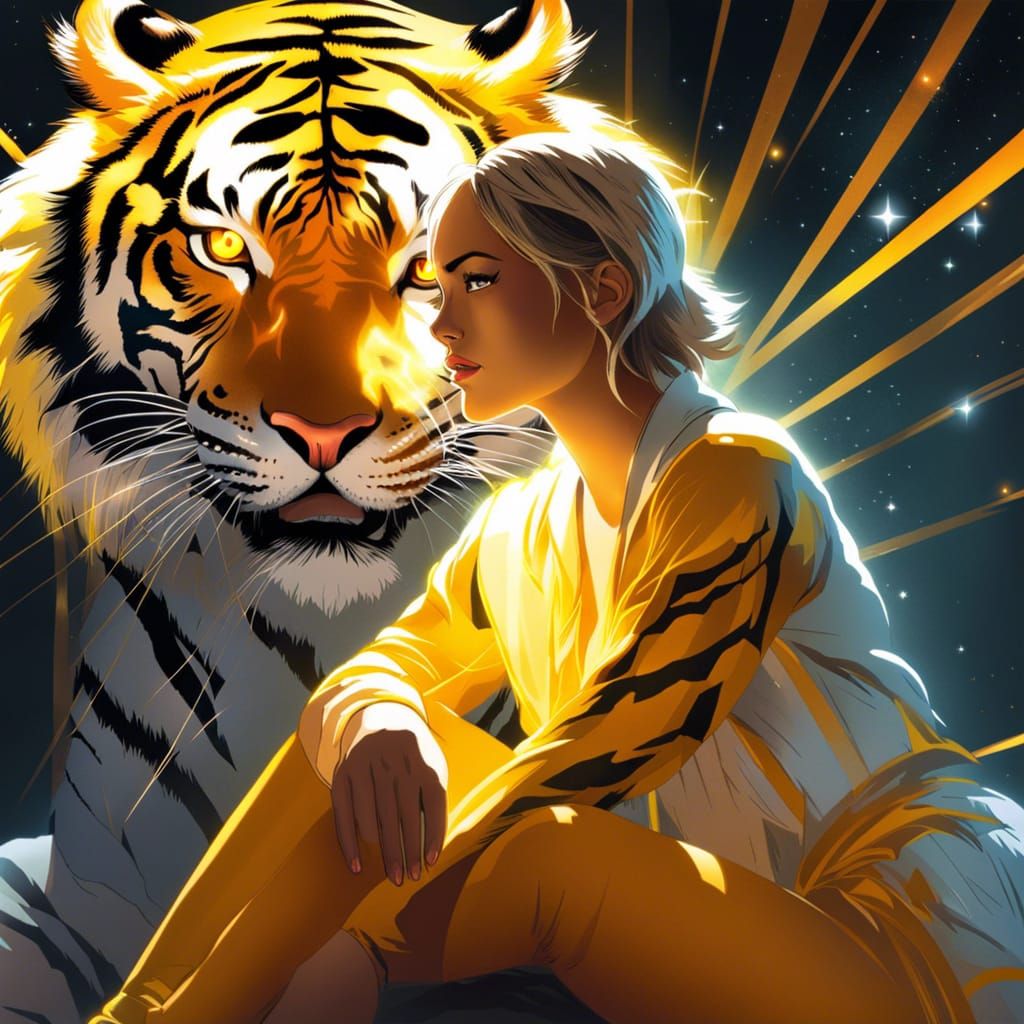Woman and Tiger with Beams of Light