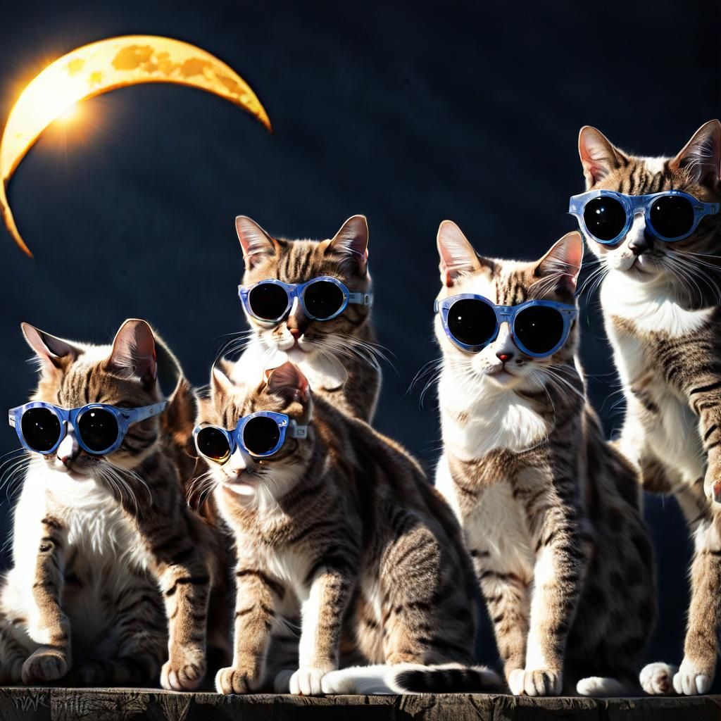 Cats Observe Eclipse in Sci-Fi Art Style