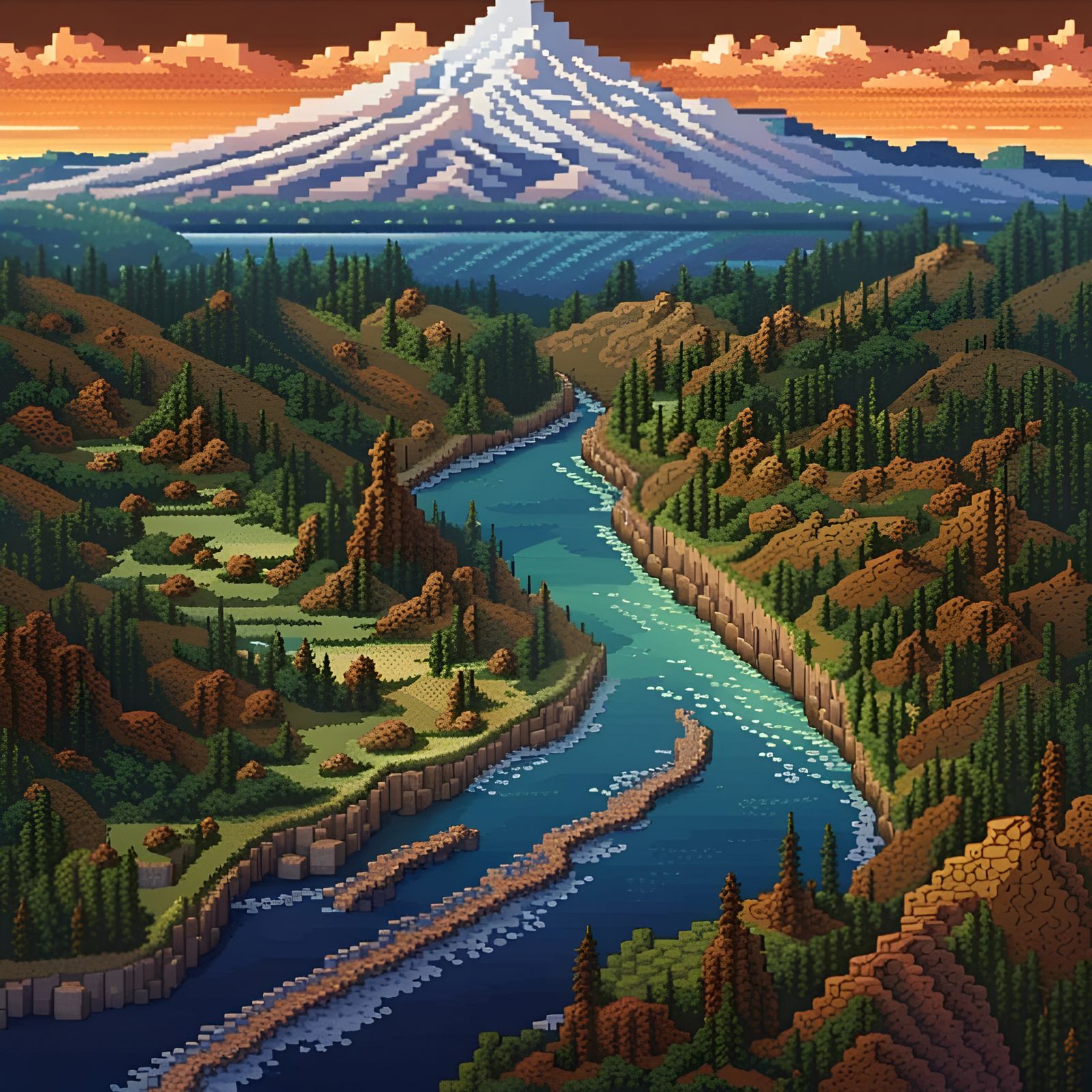 Pixel Art Sunset Over Mount Hood
