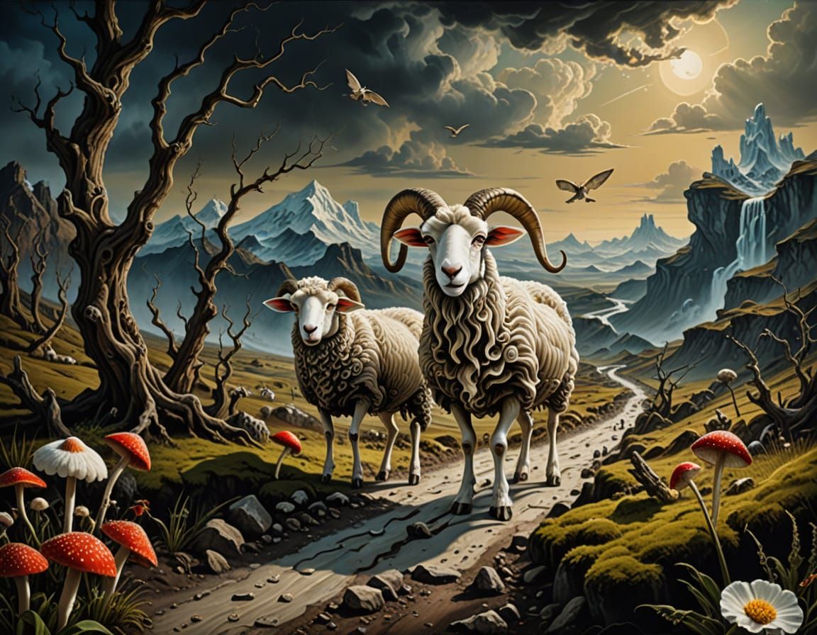 Ethereal Sheep in Folk Costumes with Wings