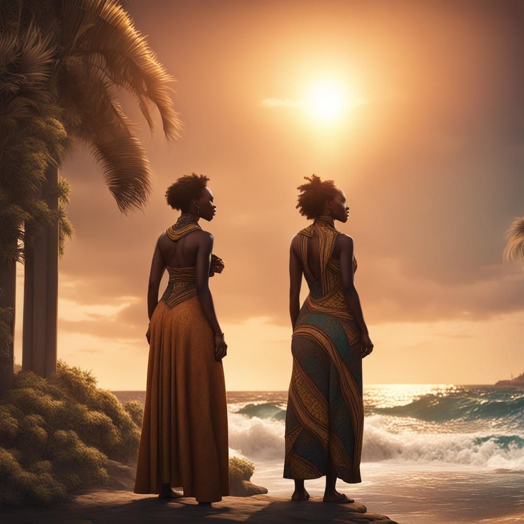African American Women Gazing at Ocean: Detailed Matte Paint...