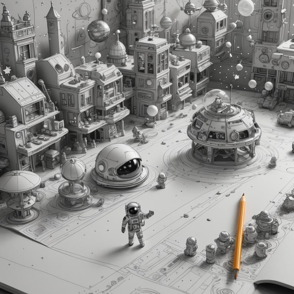 Astronaut Ascends from Doodle City in Line Art