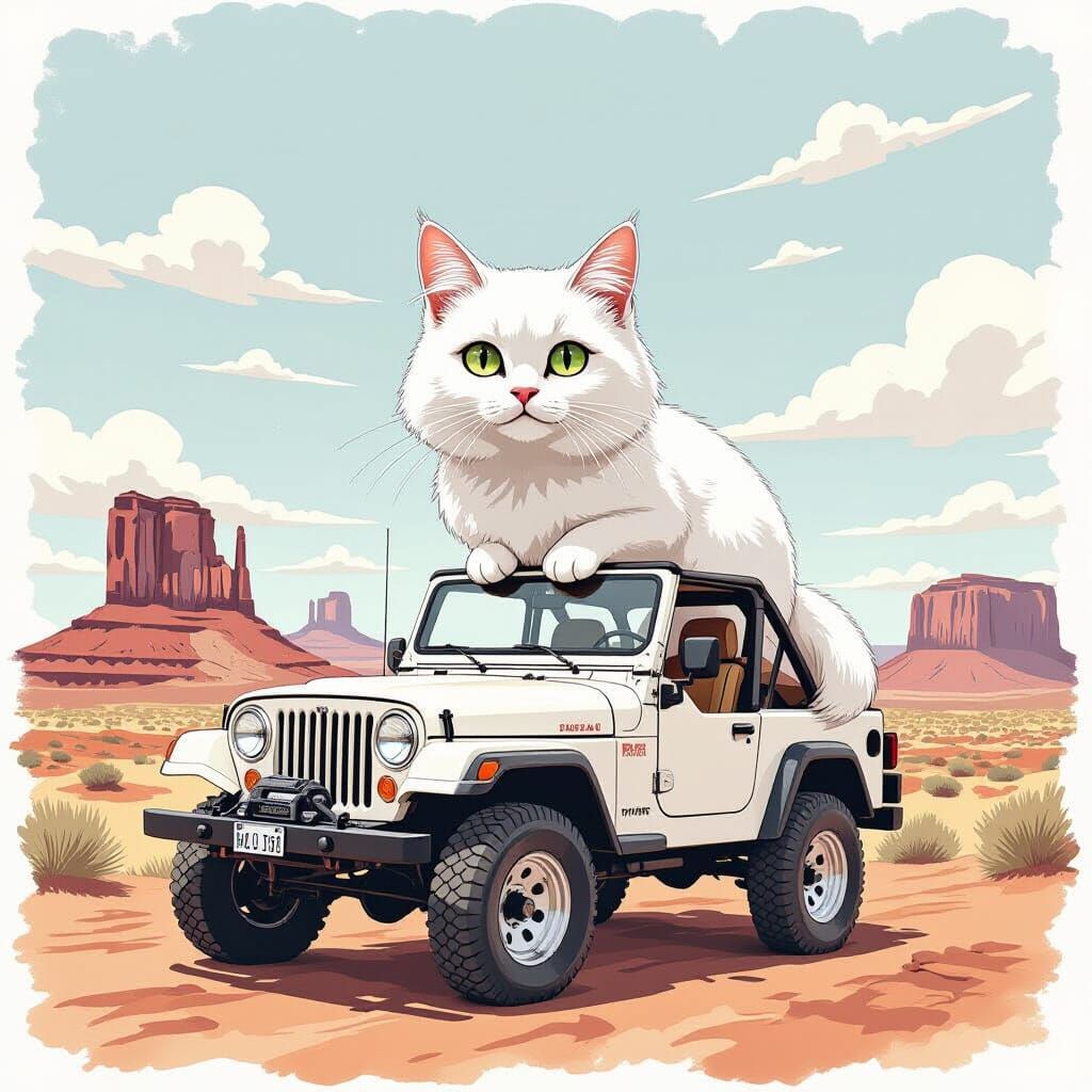 White Cat on Jeep in Monument Valley, Watercolor Style