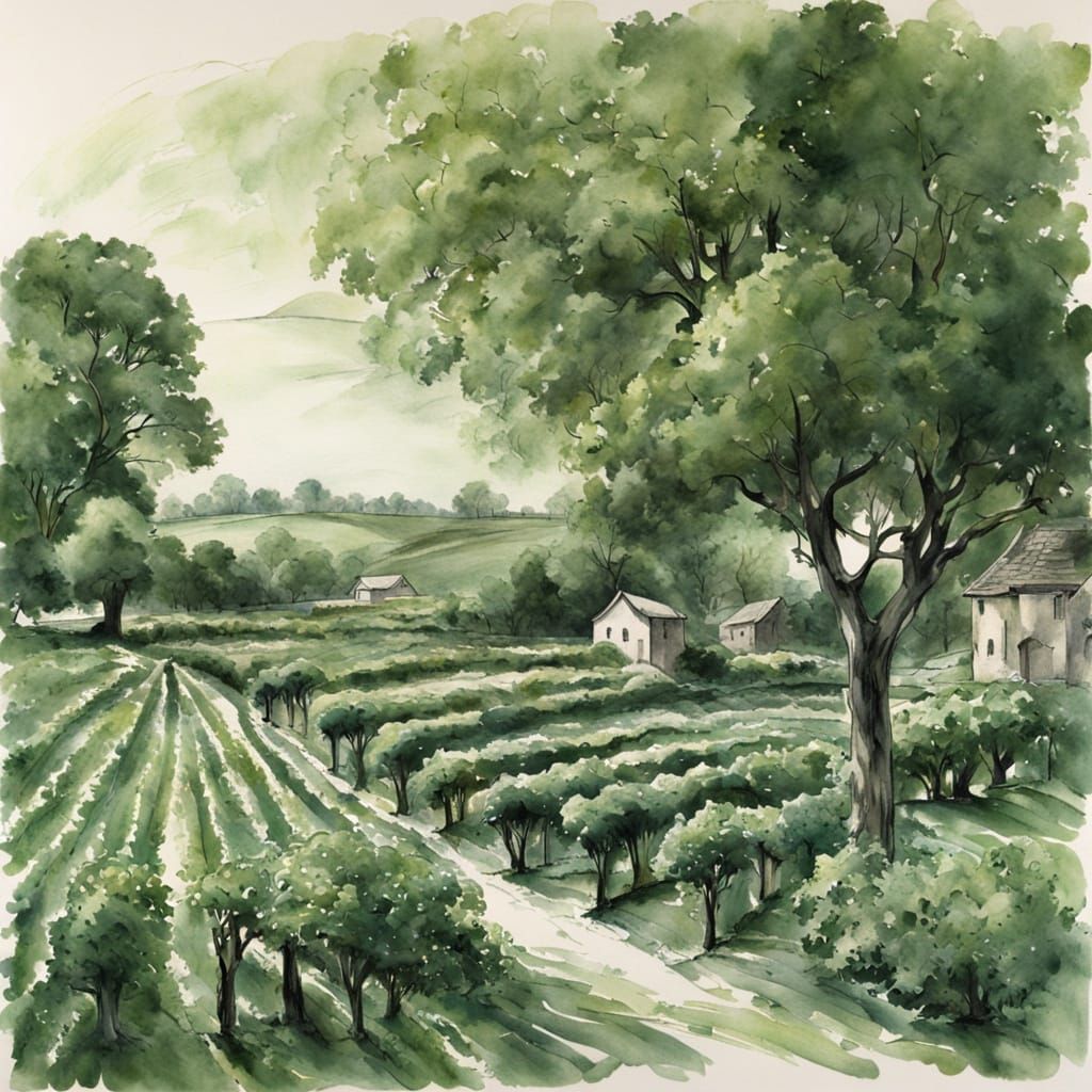 Green Vineyard: Monochromatic Ink Wash Masterpiece