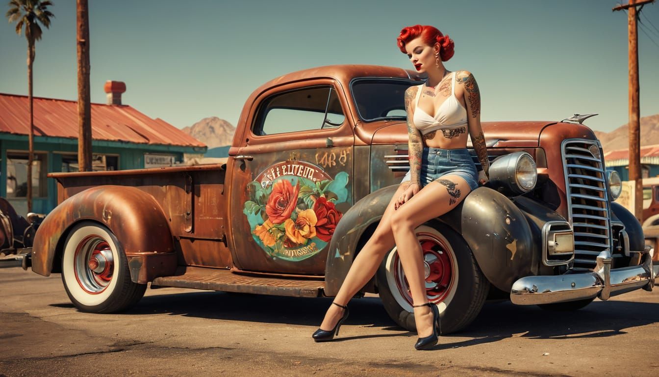Sultry Pin-Up Girl Leans Against Vintage Car in Desert Diner
