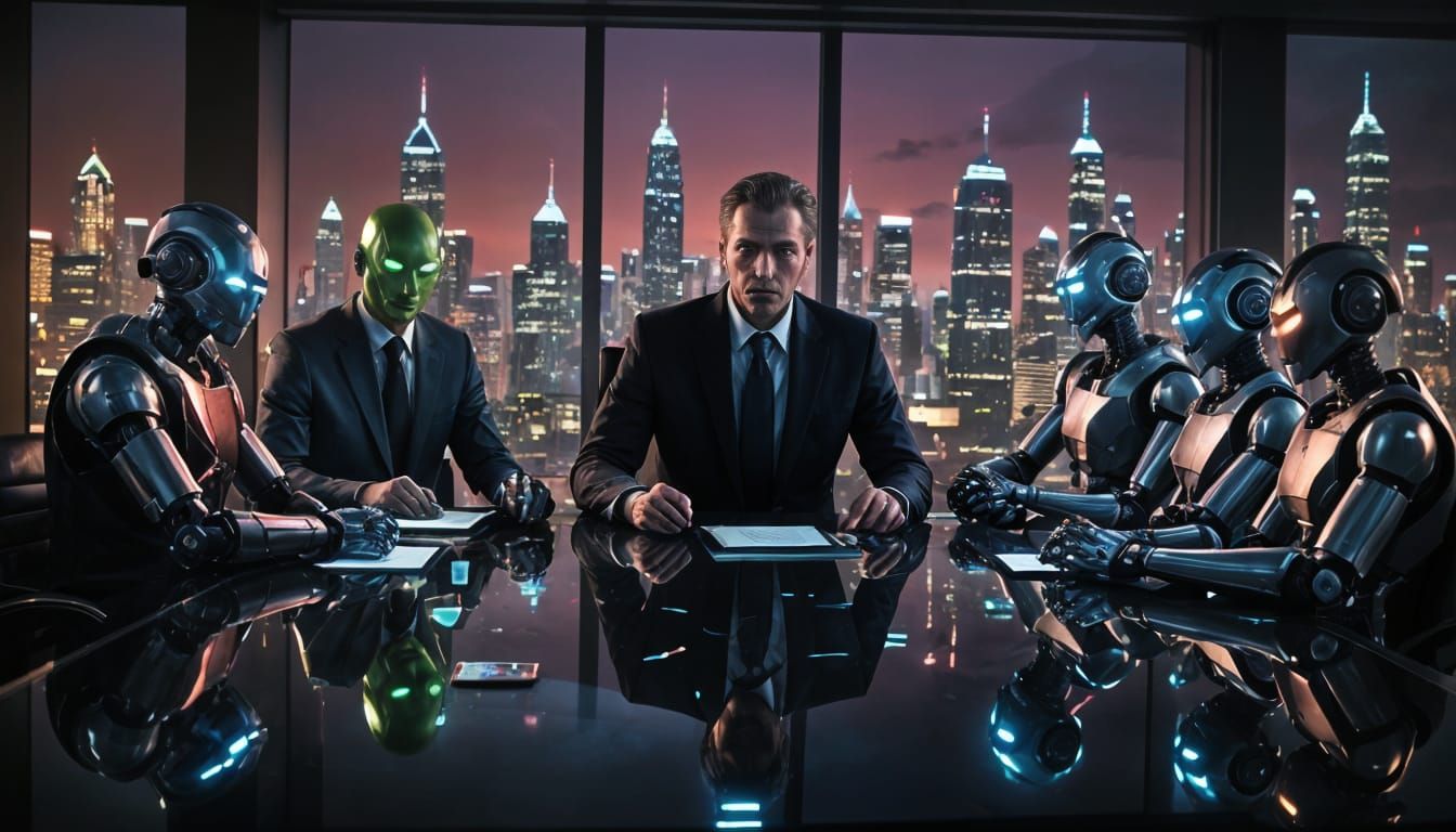 Human Executive Faces Robot Board in Hyperrealistic Style