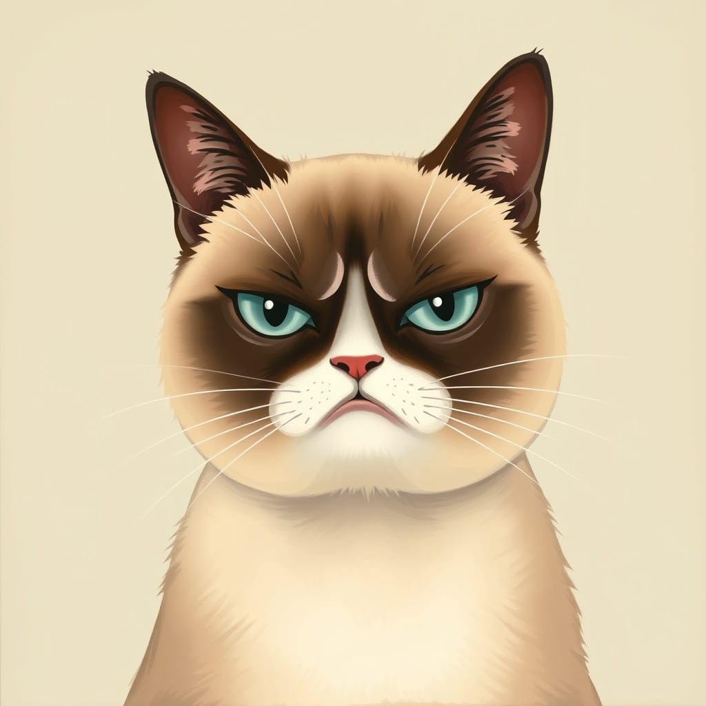 Whimsical Grumpy Cat Portrait in Gouache Style