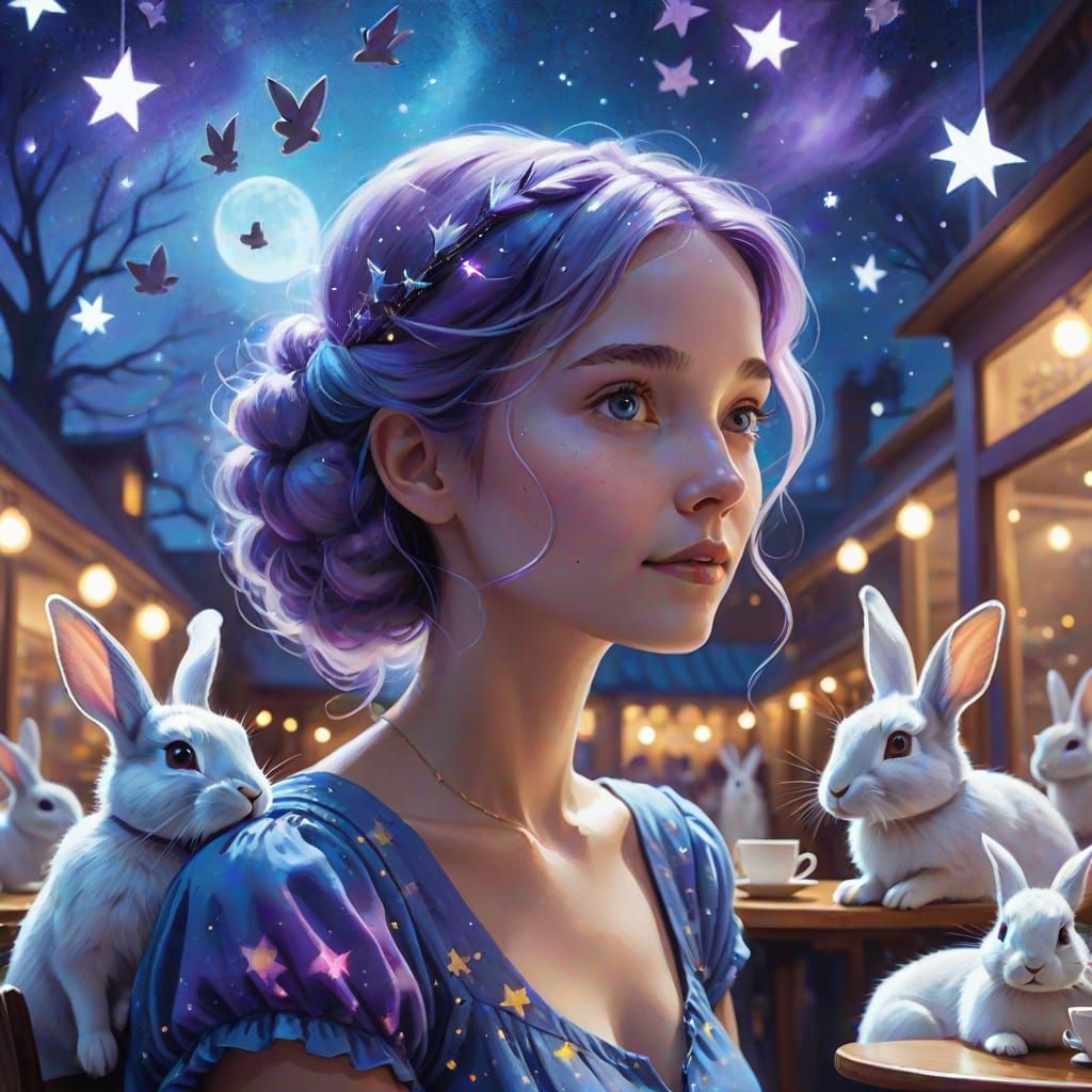 Whimsical Woman Surrounded by Rabbits in a Dreamy Coffeehous...