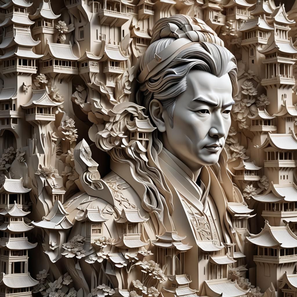 (high quality, masterpiece, paper sculpture, Li Hongbo, Chinese artist, fortress, reading, intricate details, dramatic l...