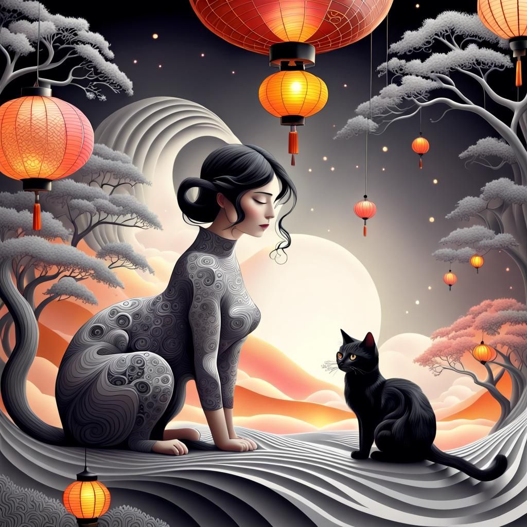Dreamy Surreal Scene with Cat, Woman, and Fractals