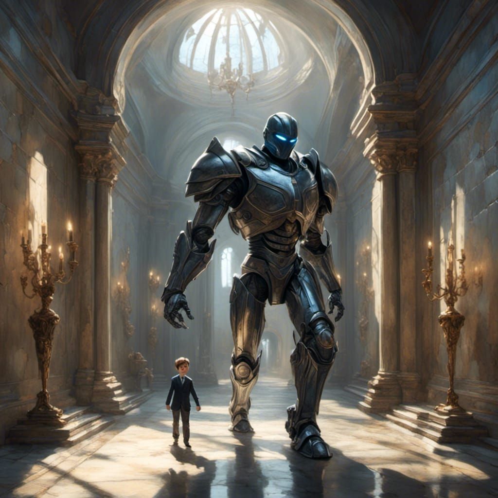 Man Kicks Armor in Castle Hallway, Comic Art