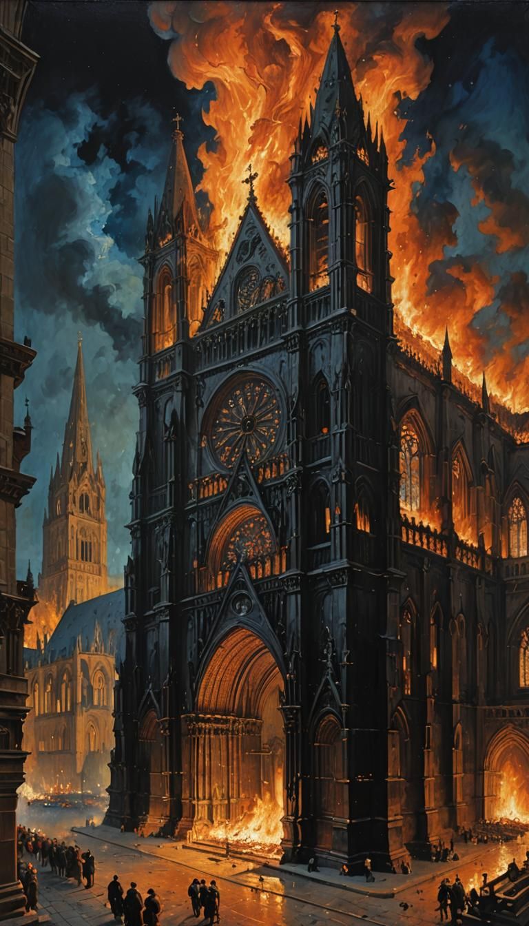 Cathedral Ablaze at Night: Oil Painting