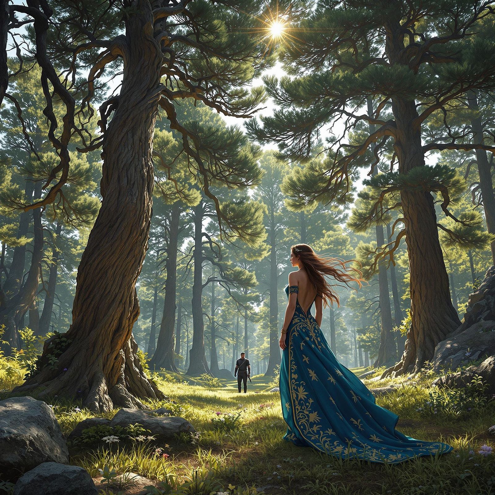 Fantasy Couple in Forest Clearing, AAA Game Style