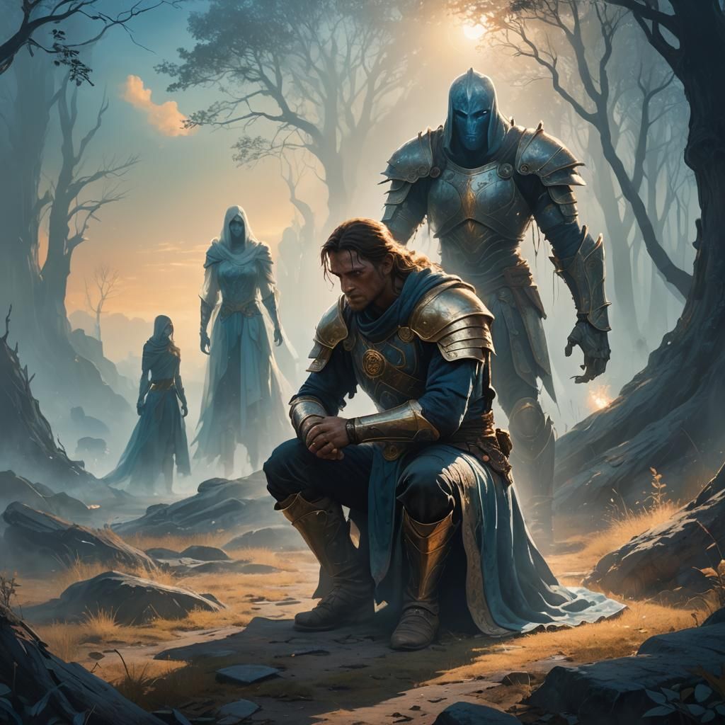 Warrior and Ghostly Figure in Dreamlike Scene