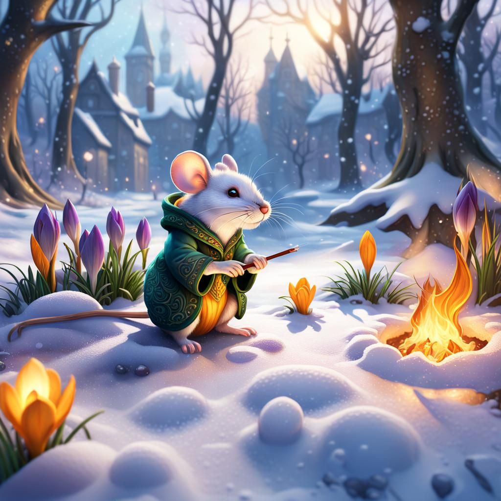 Art Nouveau Crocuses and Mouse in Snow