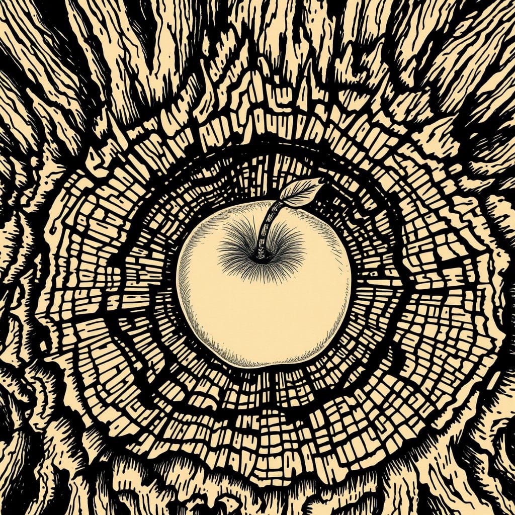 Organic Woodcut Artwork with Apple and Tree Trunk in Earthy ...