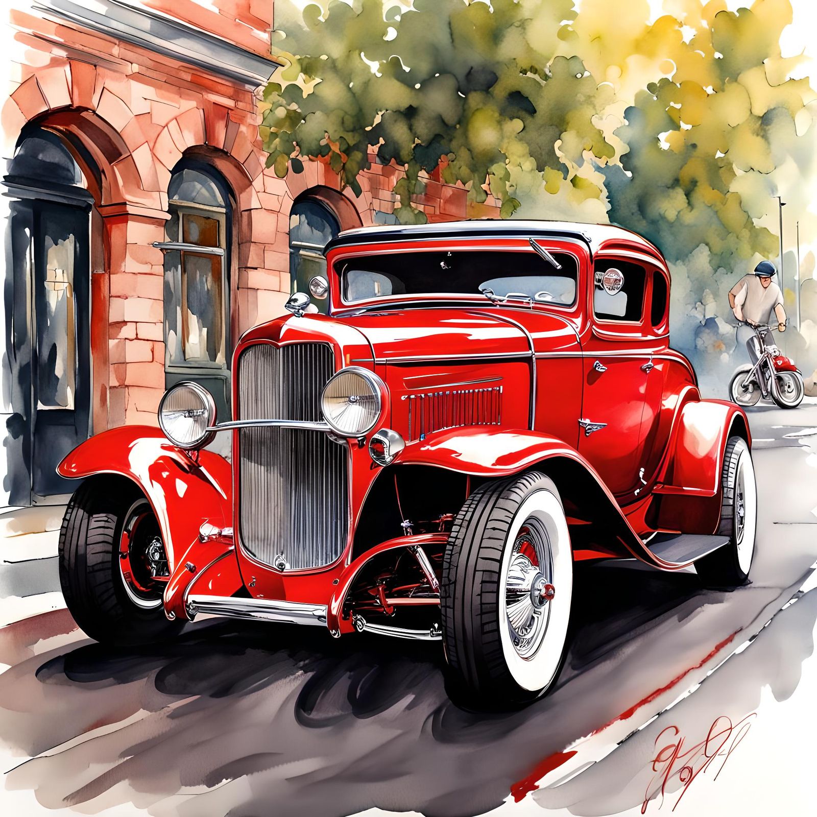 Cherry Red 1932 Hot Rod Coupe in Watercolor