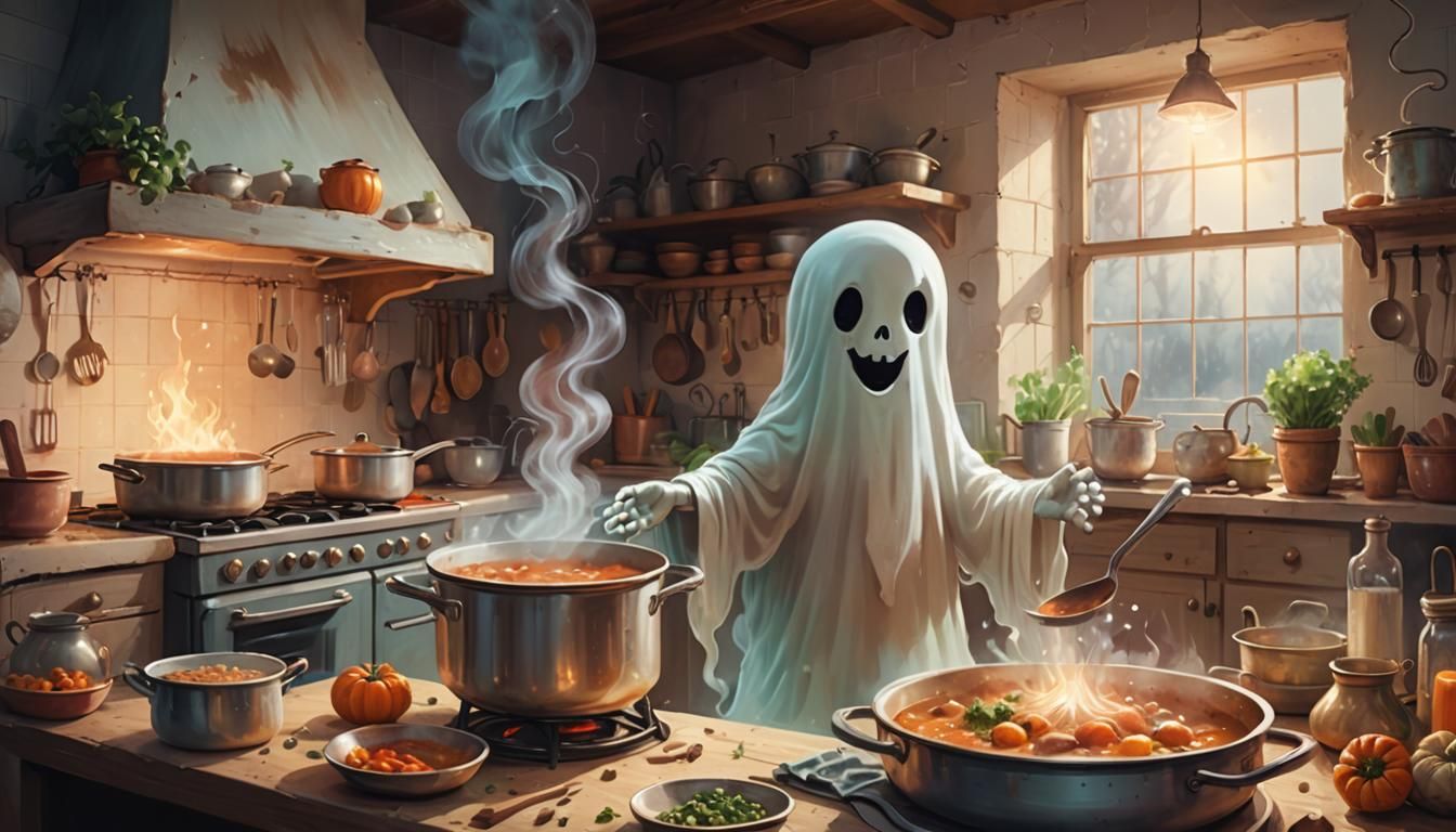 Happy Ghost Cooks Stew in Cozy Kitchen