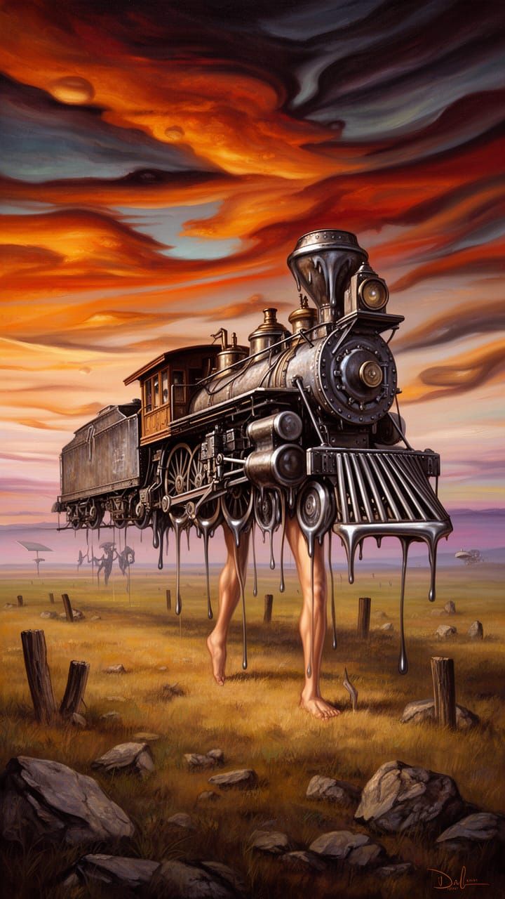 Surreal Melting Steam Train on Human Legs in Dalí Sky