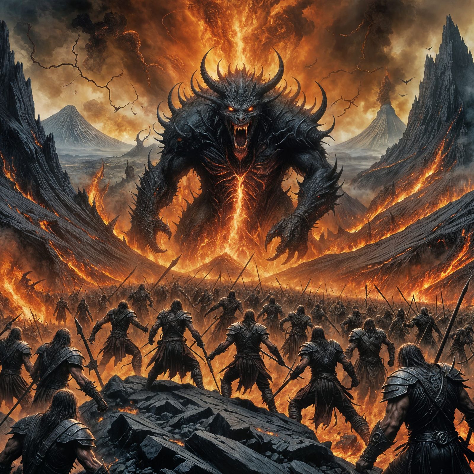 Demons Descend from Erupting Volcano as Dark Fantasy Art