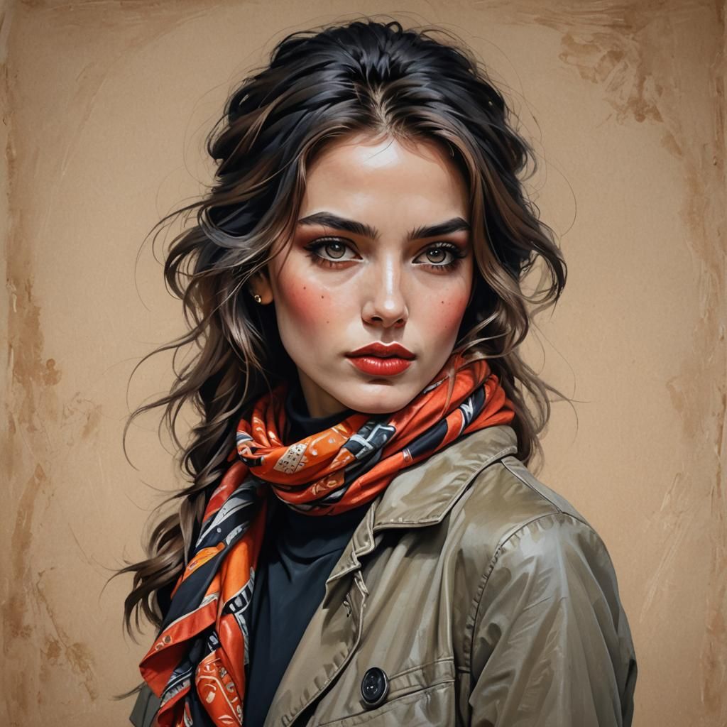 Elegant Woman with Scarf in Hyper-Realistic Digital Painting