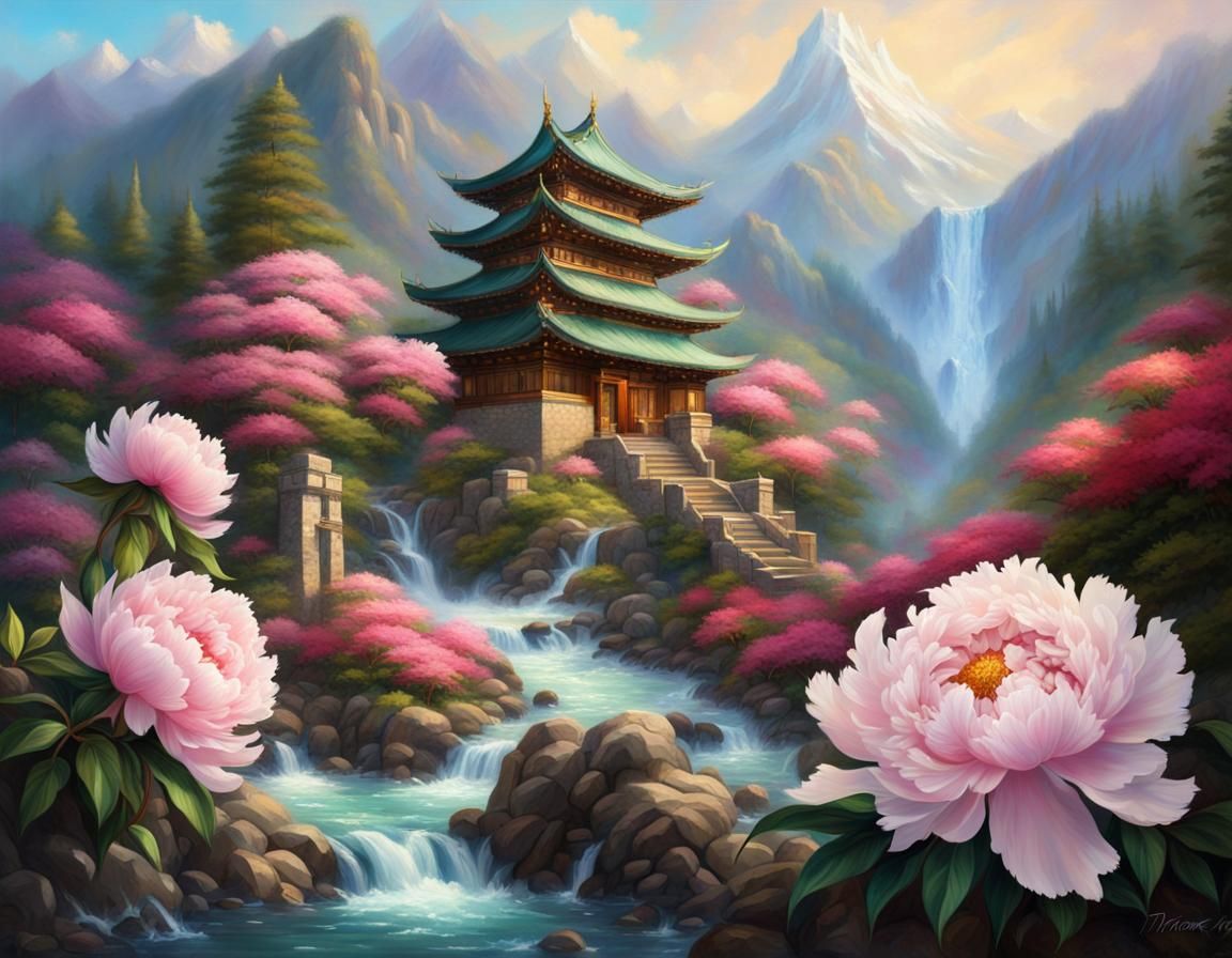 Peonies and Japanese Temple in Fantasy Landscape