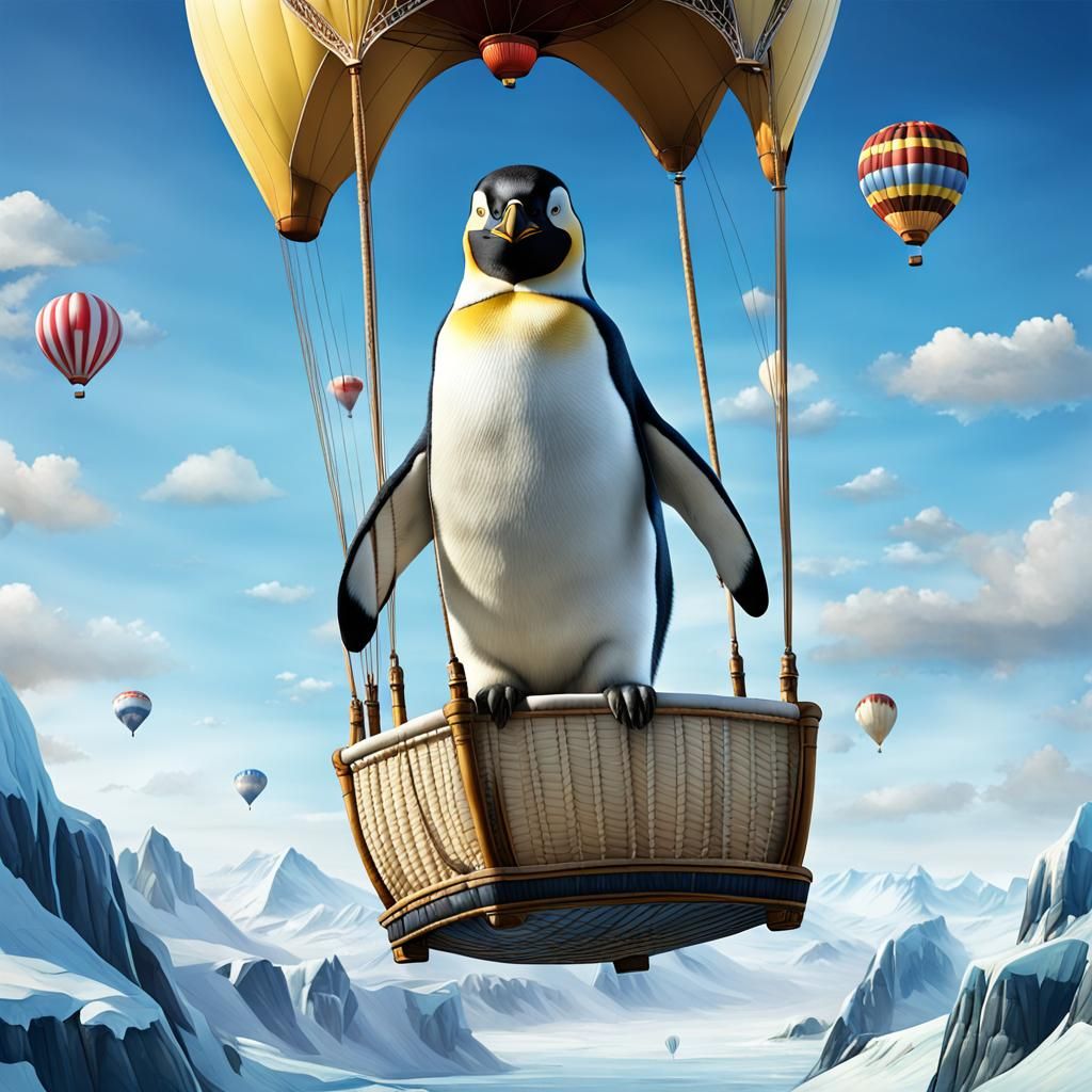 Emperor Penguin Soaring in Hot Air Balloon