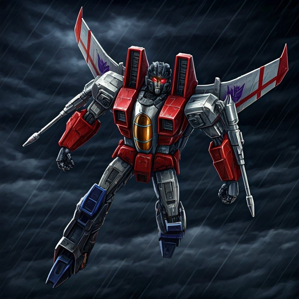 Menacing Starscream Soars Through the Stormy Sky in Cyberpun...