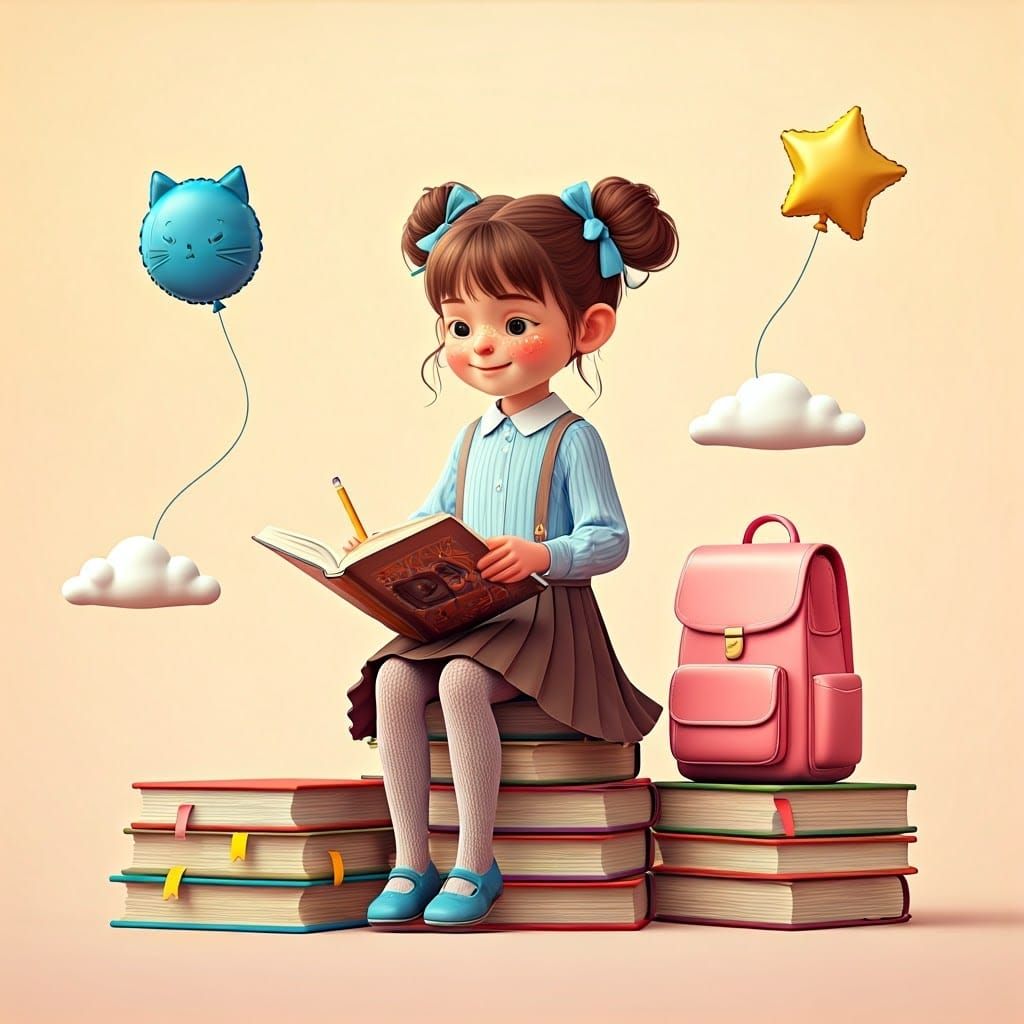 Girl with Books: Pixar-Inspired 3D Digital Art