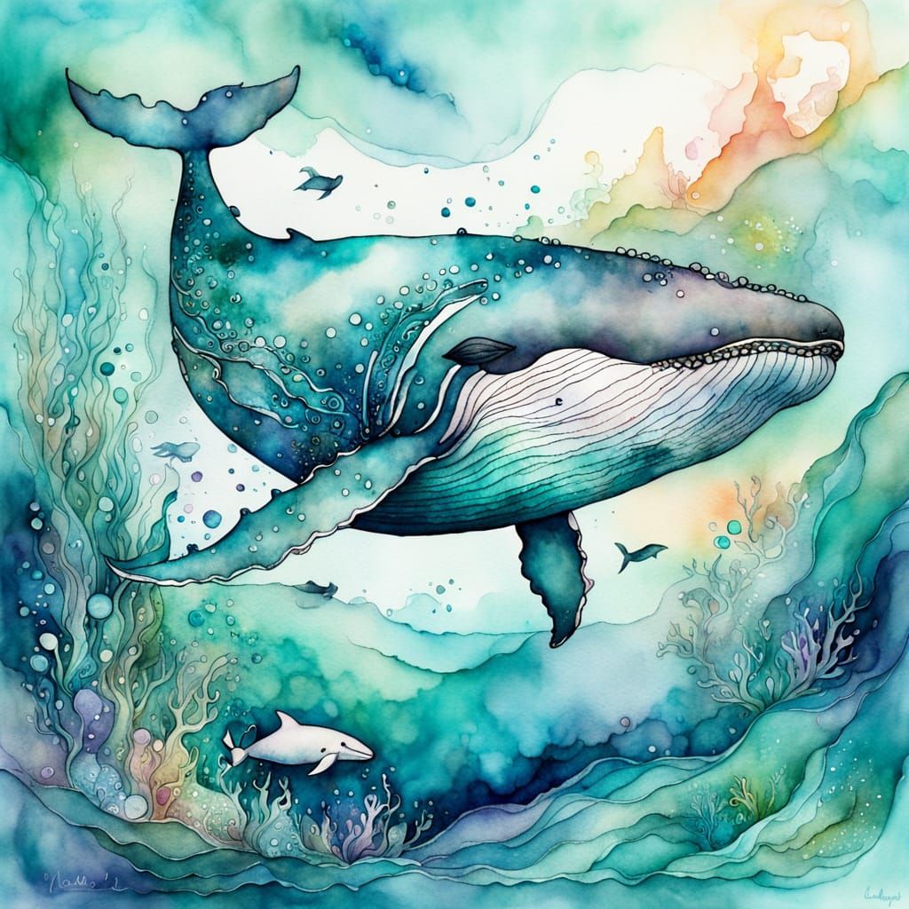 Whimsical Whale and Calf in Watercolor Wash