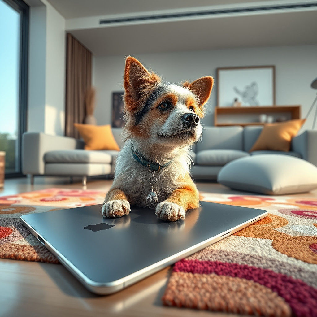 Dog Bursts from iPad: Hyperrealistic Living Room Scene